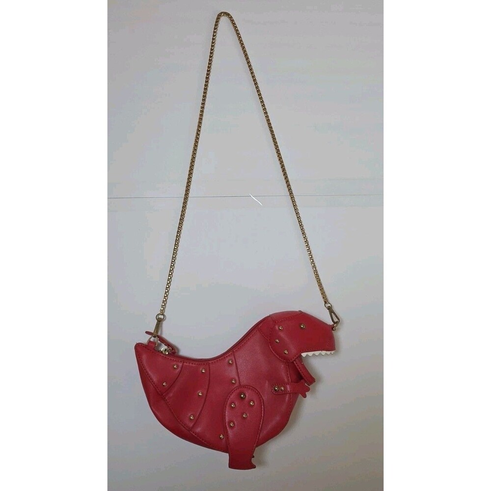 Red T-Rex Crossbody Shoulder Bag, Gold Stud Rivets, Gold Chain Strap, Vegan 9x9"